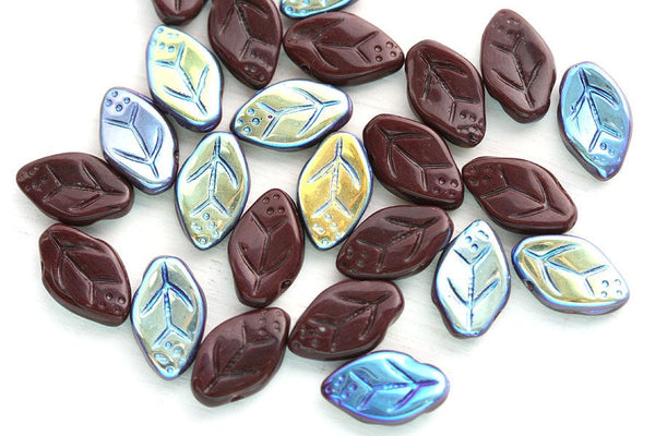 12x7mm Dark Brown leaves, AB finish Brown leaf beads, Czech glass - 25pc
