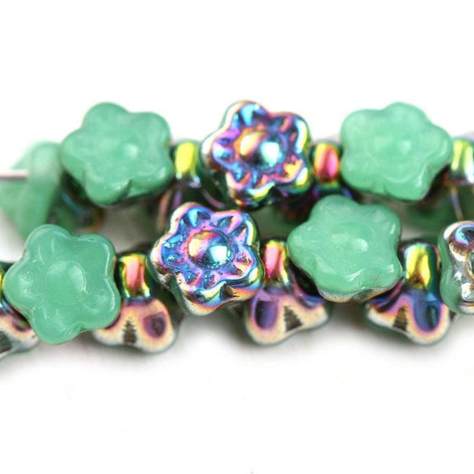 7mm Button style Flower Czech glass beads, Rainbow Luster - 25pc