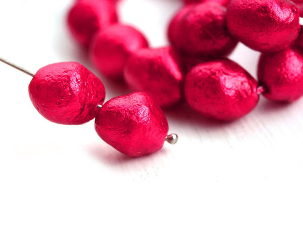 13x10mm Chunky Faux pearls Red Czech glass barrel coated beads - 10Pc