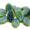 12x7mm Forest Green Leaf beads, Blue Inlays, Czech glass - 25Pc