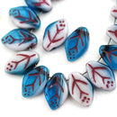 12x7mm Mixed Blue White Leaf glass beads, Dark Red Inlays - 25Pc