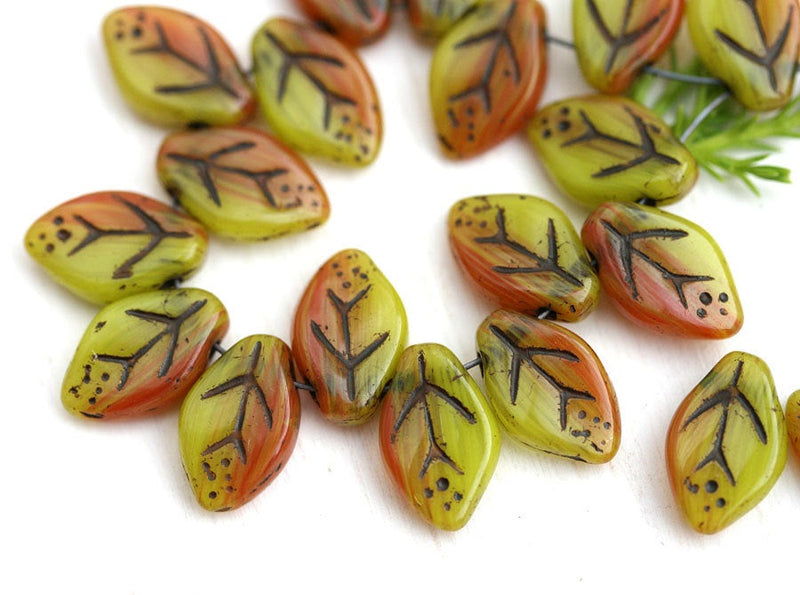 12x7mm Autumn Czech glass Leaf beads Yellow Orange leaf - 25Pc