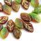 12x7mm Brown Green Leaf beads MIX Picasso Czech glass - 30Pc