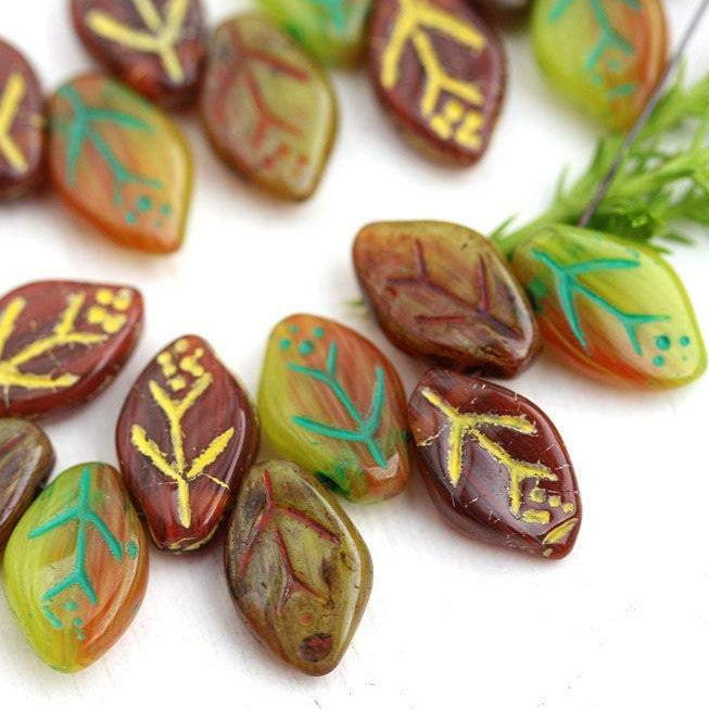 12x7mm Brown Green Leaf beads MIX Picasso Czech glass - 30Pc