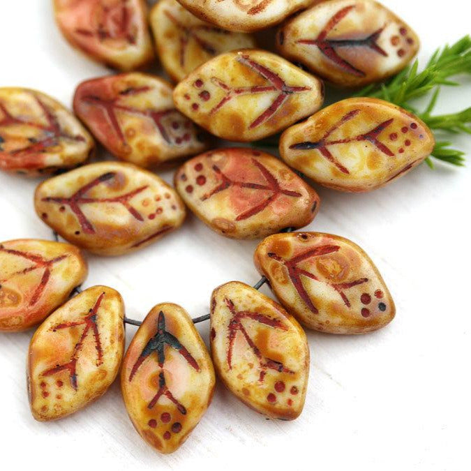 12x7mm Picasso Leaf beads Rustic Beige brown Czech glass - 25Pc
