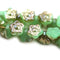 7mm Green glass Button style Flower beads Goldish Luster - 20pc