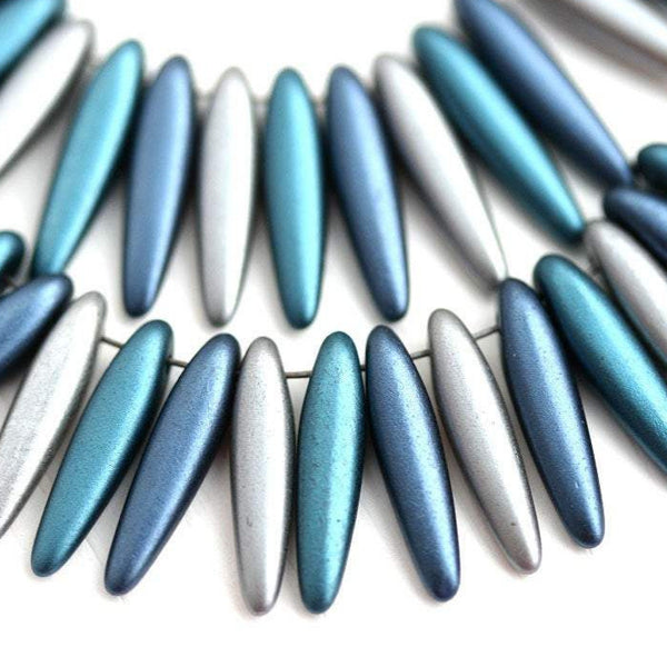 30pc Blue Silver Dagger czech glass beads MIX, Special Coating - 16mm