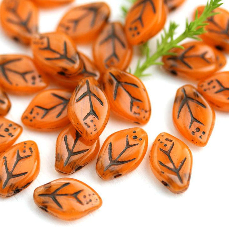 12x7mm Orange Leaf beads, Black Inlays, Czech glass - 25Pc
