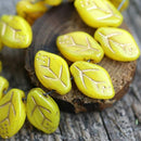 12x7mm Yellow Leaf beads Golden Inlays Czech glass - 25Pc