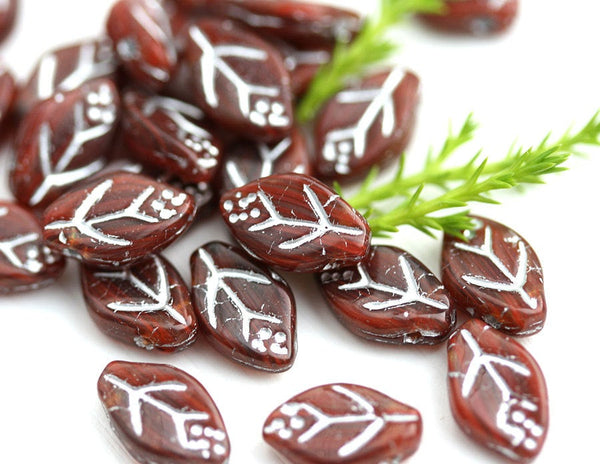 12x7mm Brown Leaf beads, Silver Inlays, Czech glass - 25Pc