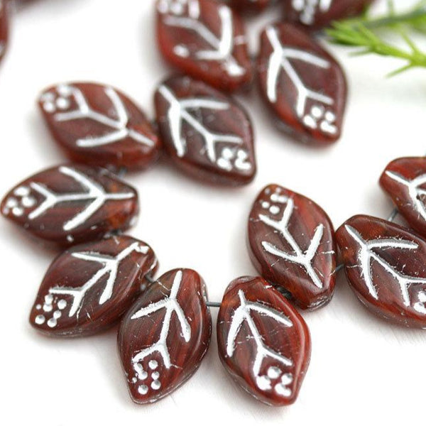 12x7mm Brown Leaf beads, Silver Inlays, Czech glass - 25Pc