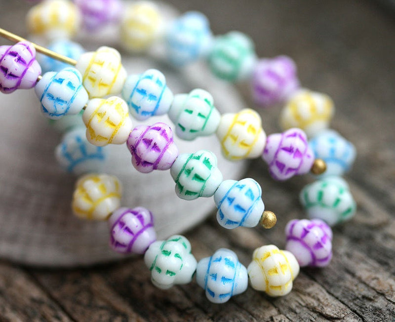6mm Fancy small bicone beads Mix in Pastel colors Czech Glass pressed white beads - 40pc