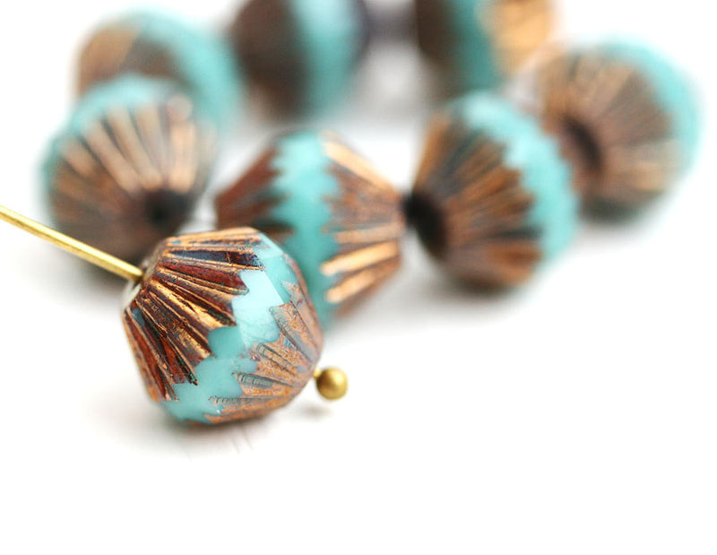 11mm Turquoise bicones with luster, czech Glass Fire polished beads, 8pc