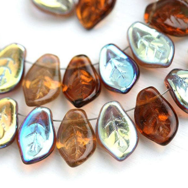 14x9mm Amber Topaz leaf beads MIX, Vitrail czech glass - 15pc