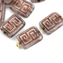 12x9mm Opal Amethyst Rectangle czech beads, Copper inlays, Greek Key, Carved glass beads - 8pc
