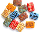 12x9mm Picasso Rectangle czech beads, Rustic Orange, Greek Key, Carved Aged glass 8pc