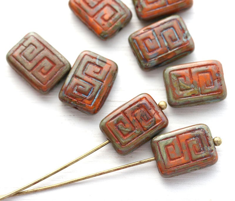 12x9mm Picasso Rectangle czech beads, Rustic Orange, Greek Key, Carved Aged glass 8pc