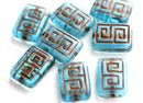 12x9mm Aqua Blue Rectangle czech beads, Copper inlays, Greek Key, 8pc