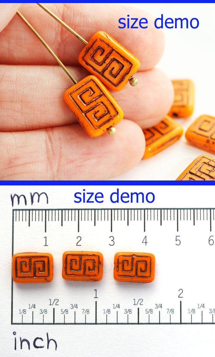 12x9mm Mint Rectangle czech beads, Greek Key, Carved glass beads - 8pc