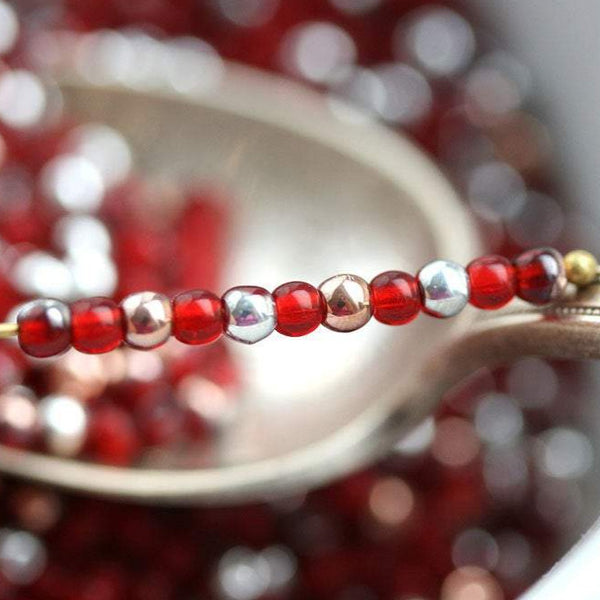 3mm Red with Silver and Copper Luster beads mix czech glass small spacers - 8g