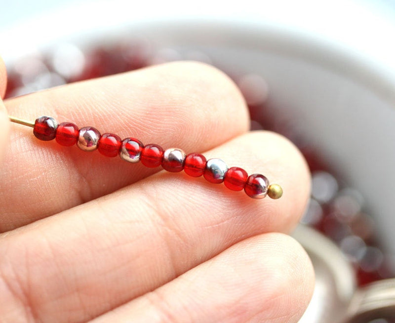 3mm Red with Silver and Copper Luster beads mix czech glass small spacers - 8g