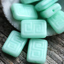 12x9mm Mint Rectangle czech beads, Greek Key, Carved glass beads - 8pc