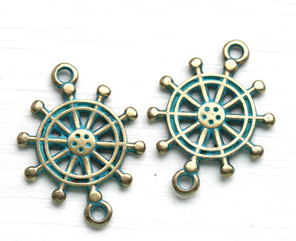 2pc Sailor Wheel rudder charm connector Patinated Brass