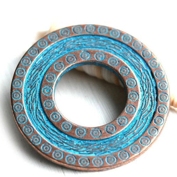 40mm Large ornament disk pendant, Blue patina on copper