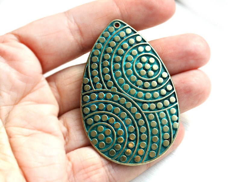 Large brass Teardrop pendant Green patina