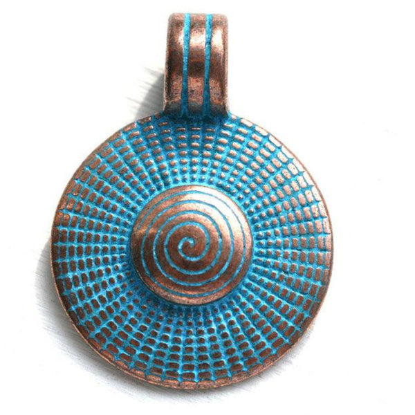 Spiral circle pendant bead, Blue patina on copper