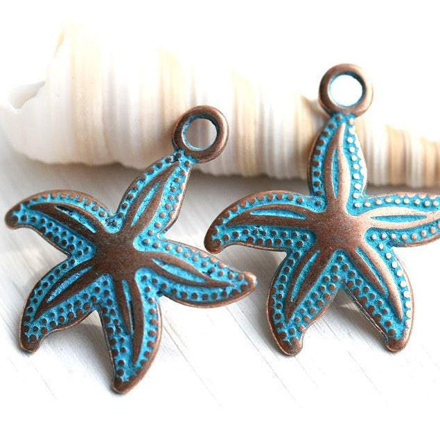 23mm Copper Starfish charm Blue patina - 2Pc