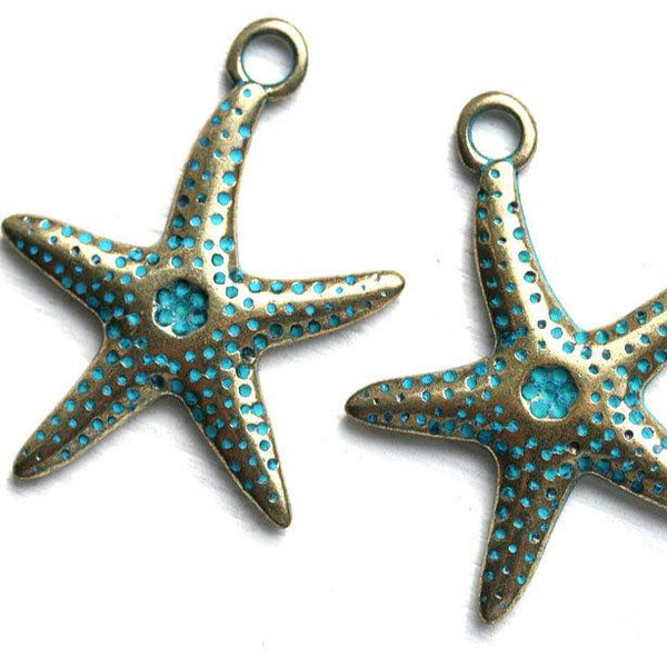 2pc Brass SeaStar charms 30mm, Green patina