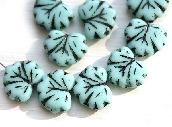11x13mm Mint Green Fancy Leaf beads, Maple glass leaves, Black Inlays, 10pc