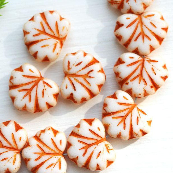 11x13mm Fancy Leaf beads, White Maple glass leaves, Orange Inlays - 10pc