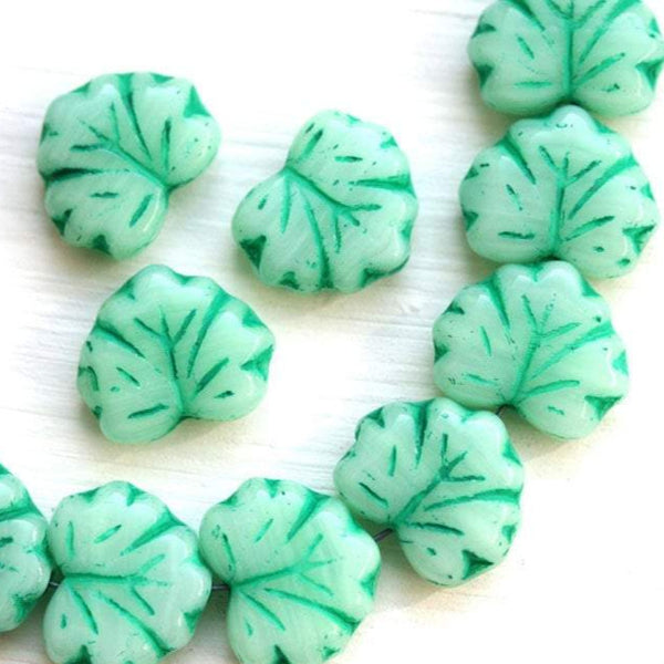 11x13mm Mint Green Fancy Leaf beads, Maple glass leaves, 10pc