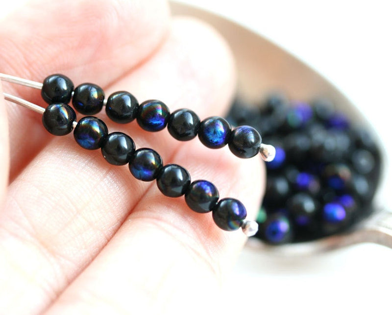 4mm Round Black with Dark Blue Luster druk Czech glass small spacers - approx.90Pc