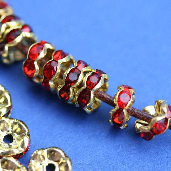 25pc Red Golden Rhinestone Rondelle Spacer Beads mix 8mm Grade A, Wavy Edge