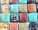 12x11mm Turquoise Green Rectangle czech glass Carved beads 8pc