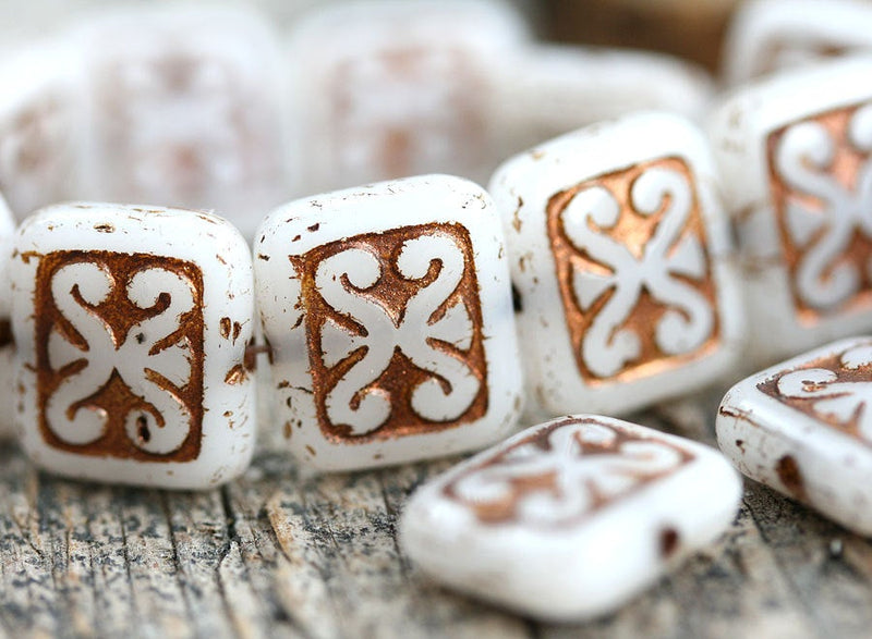 12x11mm Opal White Rectangle Swirl Beads, Old Patina, Carved czech glass rustic beads - 8pc