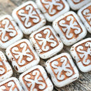 12x11mm Opal White Rectangle Swirl Beads, Old Patina, Carved czech glass rustic beads - 8pc