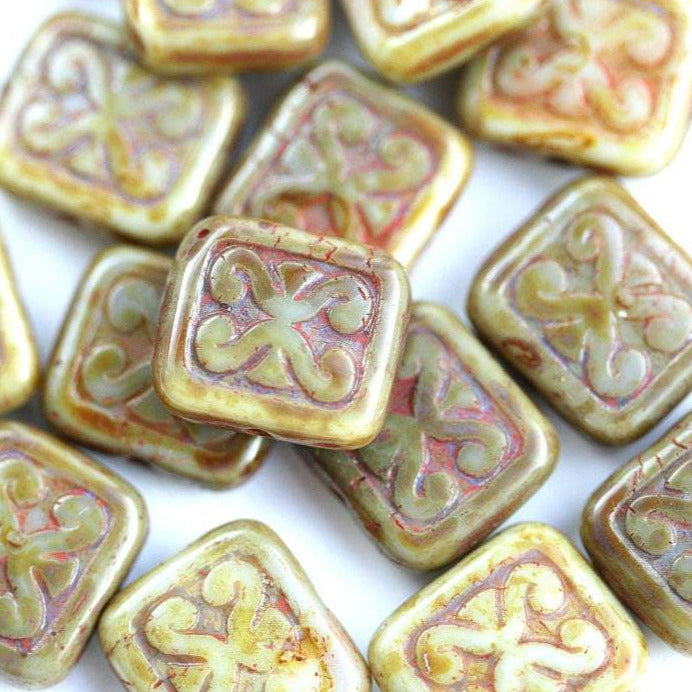 12x11mm Sage Green Picasso Rectangle glass beads Swirls Scrolls Carved Aged czech glass 8pc