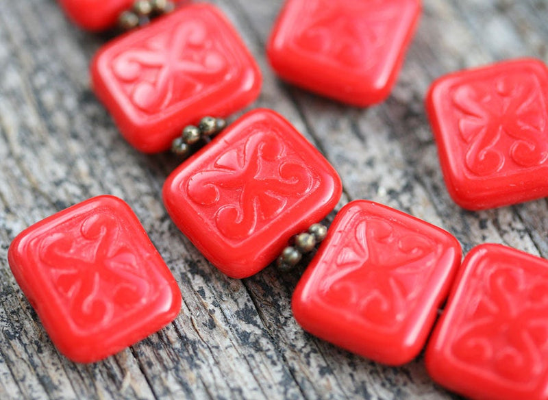 12x11mm Opaque Red beads Rectangle сarved czech glass beads 8pc