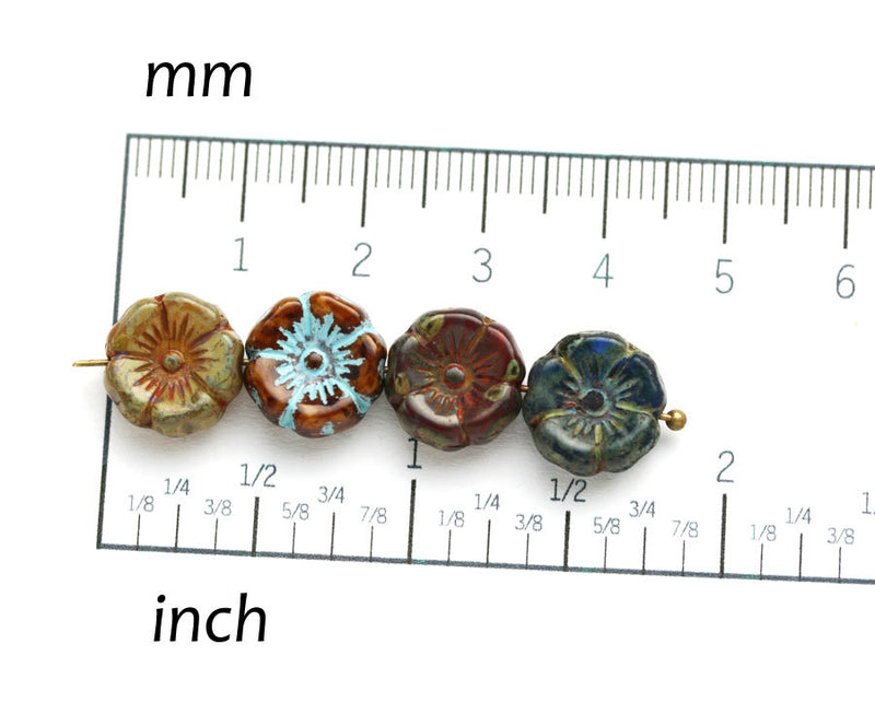 12mm Ocher Yellow Pansy flower glass bead, Picasso fire polished - 6pc