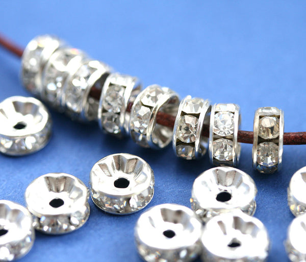 8mm Silver Rhinestone Rondelle Beads, Crystal Clear Grade A, Straight Flange 25pc