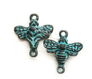 2pc large Bee connectors charms, green patina on copper