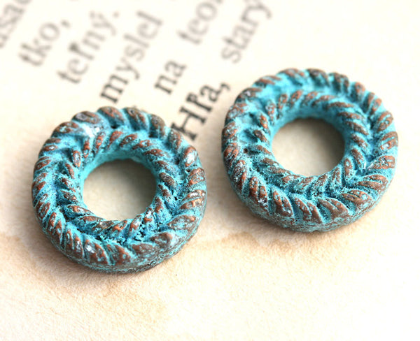 15mm Carved Metal Ring Green Patina copper 2Pc