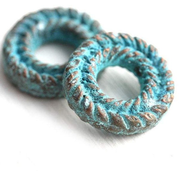 15mm Carved Metal Ring Green Patina copper 2Pc