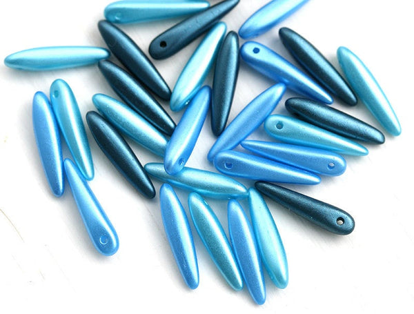 30pc Blue beads MIX, Daggers Special Coating, Blue stick beads, czech glass - 16mm