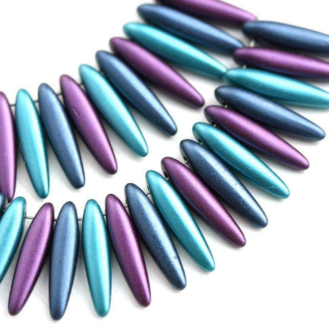 30pc Dagger  czech glass beads MIX, Special Coating, Jewel Tones, Blue - 16mm