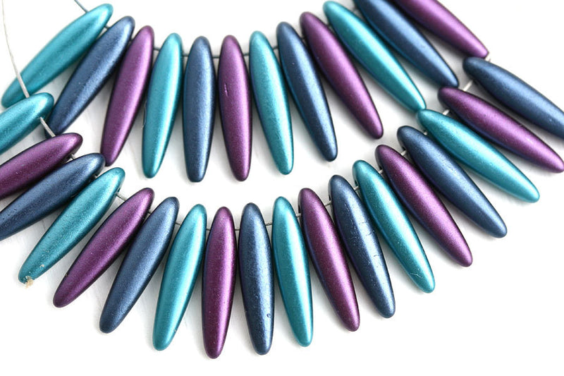 30pc Dagger  czech glass beads MIX, Special Coating, Jewel Tones, Blue - 16mm